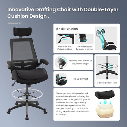 BOLISS Big and Tall Drafting Chair 400lbs - High Back Ergonomic Office Chair for Standing Desk with Double Thick Seat Cushion, Adjustable Foot Ring, Lumbar Support & Flip Up Armrests (Black)