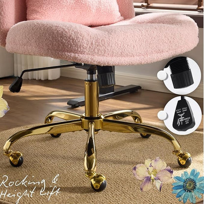 VINGLI Wide Criss Cross Legged Office Chair,Buttprint Ergonomic Desk Chair Comfy with Pillow&Gold Base,Dual-Use with/no Wheels,Adjustable Vanity Swivel Chair for Bedroom,Home Office,Teddy Fleece,Pink