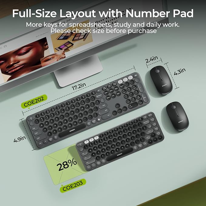 seenda Wireless Bluetooth Keyboard Mouse Combo, COE202 Retro Cute Round Keyboard, Silent Mouse, 3 Multi-Device Connection, Full Size Compatible for PC/Laptop/Mac/MacBook/iPad/Tablet, Black