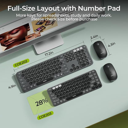 seenda Wireless Bluetooth Keyboard Mouse Combo, COE202 Retro Cute Round Keyboard, Silent Mouse, 3 Multi-Device Connection, Full Size Compatible for PC/Laptop/Mac/MacBook/iPad/Tablet, Black