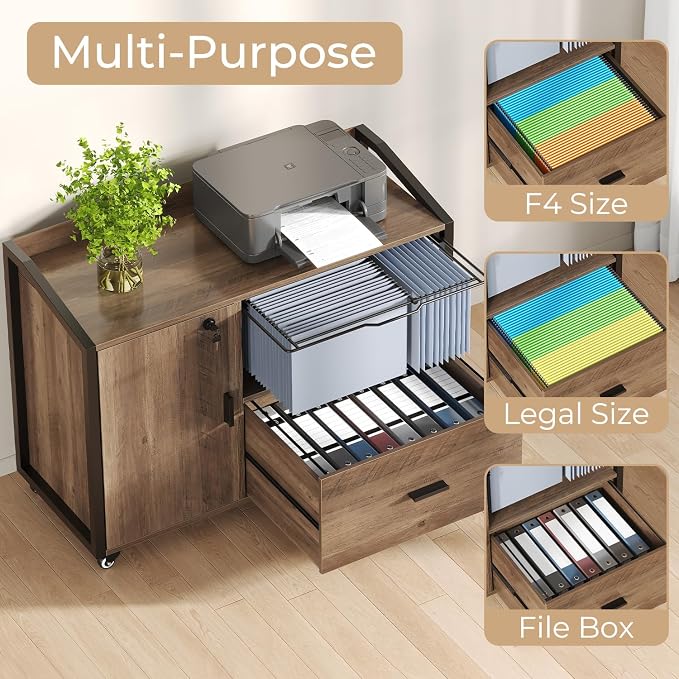 HSH Rolling File Cabinet with Lock, Mobile Lateral Filling Cabinet on Wheels, Wood Printer Stand with Storage Drawer, Modern File Cabinets Fits F4 Legal for Home Office, Rustic Oak, 33Inch