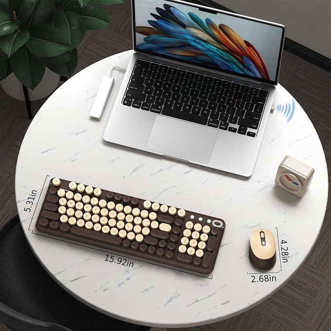Wireless Keyboard and Mouse Combo, 2.4GHz USB Receiver, Plug and Play, Retro Full Size Typewriter Keyboard and Wireless Mouse for Computer, Laptop, Windows, Mac, and PC (Coffee)