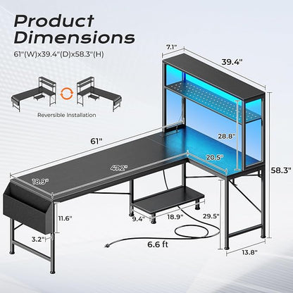PRAISUN L Shaped Gaming Desk with LED Lights & Power Outlets, Reversible Computer Desk with Storage Shelves & Bag, Large Corner Home Office Desk with Pegboard for Work from Home, Black
