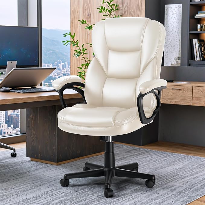 JUMMICO Executive Office Chair High Back Managerial Home Desk Chair, Adjustable Swivel Computer PU Leather Chair with Lumbar Support (Beige)