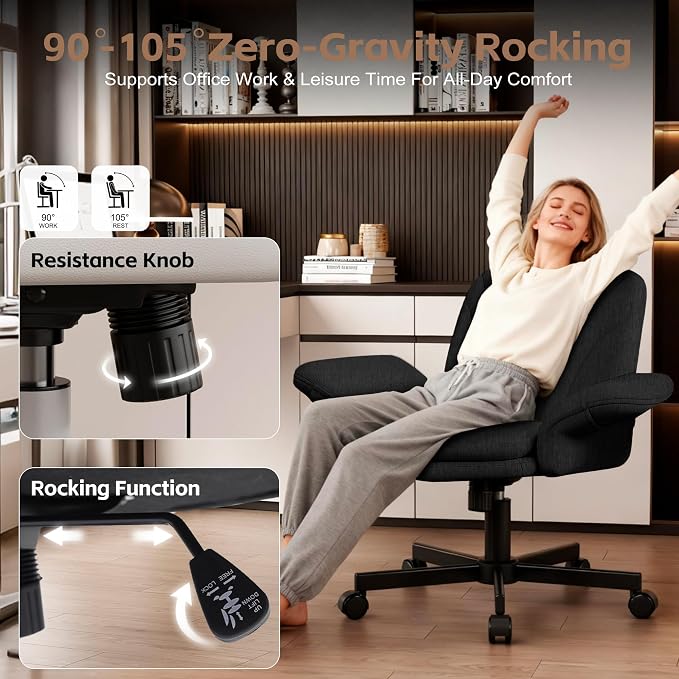Vonesse Criss Cross Office Chair with Wheels & Armrests, Height Adjustable Vanity Chair, Makeup Chairs with Side Pockets Design, Comfortable Computer Desk Chairs for Home (Linen Fabric,Black)