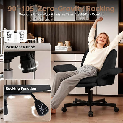 Vonesse Criss Cross Office Chair with Wheels & Armrests, Height Adjustable Vanity Chair, Makeup Chairs with Side Pockets Design, Comfortable Computer Desk Chairs for Home (Linen Fabric,Black)