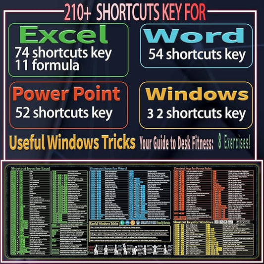 Excel/Word/Power Point/Windows Mouse pad,Non-Slip&Waterproof Large Gaming Office pc Desk mat,Over 200 Keyboard Shortcuts Mousepad(27.6L x 11.8W inches)