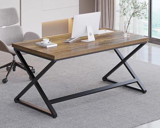 IBF 60” Rustic Computer Desk, Modern Wood Metal Home Office Desk, Farmhouse Work Desk for Writing Study in Bedroom, Minimalist Laptop Executive Workstation Computer Gaming Table, Rustic Oak, 60 in