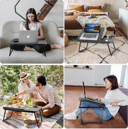 Laptop Desk for Bed Couch,Lap Desk for Laptop,Portable Laptop Stand for Desk,Small Adjustable Laptop Desk,Foldable Bed Table for Laptops and Writing, Bed Tray Table with Cup Holder(Black)