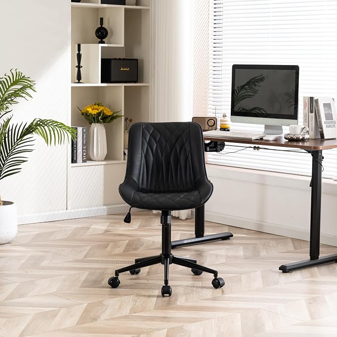 YOUNIKE Black Faux Leather Office Chair Armless Comfy Desk Chair with Rocking Back Cute Swivel Vanity Chair with Wheels Height Adjustable Small Computer Task Chair for Sewing Drafting Ergonomic