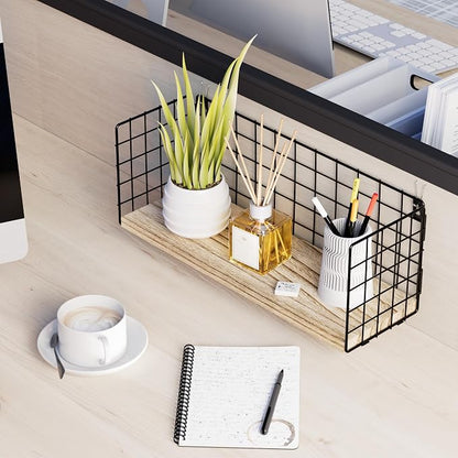 Floating Cubicle Shelf with Hooks, Paulownia Wood Desktop Organizer for Office Cubicle Decor, Desk Shelf for Top of Desk & Cute Cubicle Accessories for Work
