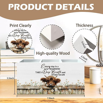 DILSJ Inspirational Highland Cow Pen Pencil Holder Organizer for Desk, Highland Cow Gifts for Women, Every Day Is a New Beginning Wooden Box Signs for Home Office Decoration Office & School Supplies