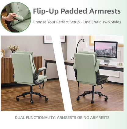 VINGLI Comfy Green Leather Office Desk Chair, High-Back Support Ergonomic Computer Task Gaming Chair,with Removable wheels,360° Swivel,Adjustable Height,Flip-Up Arms,for Adults,Teen,Vanity,Home Office