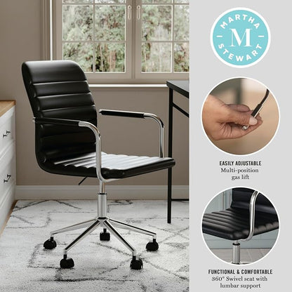 Martha Stewart Taytum Swivel Task Chair with Armrests for Home Office in Black Faux Leather with Polished Nickel Frame