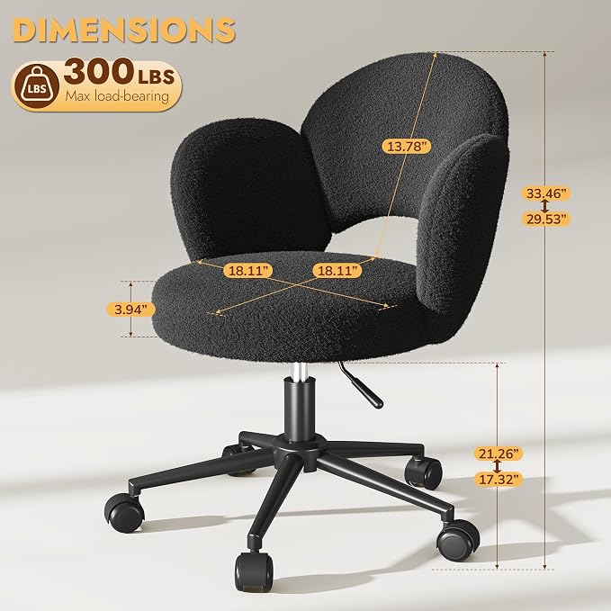 Homkdom Desk Chair with Wheels, 3.94" Thick Comfy Petal Vanity Chair, Swivel Armless Chair with Open Back and Adjustable Height, Ideal for Makeup Study Work and Relaxation, Black