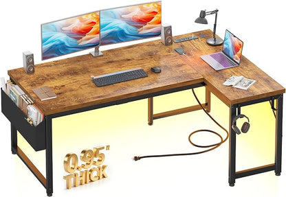 DurayLoly 55" Thicker L Shaped Computer Desk for Home Office, Brown | 0.95" Thick Desktop & Metal Frame Supports for Dual Monitors,Flexible Reversible Corner Desk for Bedroom
