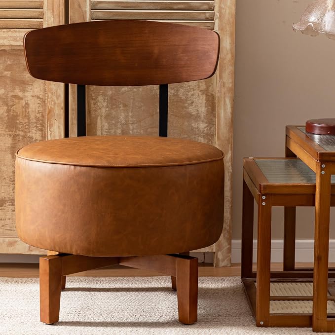 Swivel Accent Chair Living Room Chair with Back, upholstered Wood mid Century Modern Chair for Bedroom Office, Faux Leather Cognac Brown