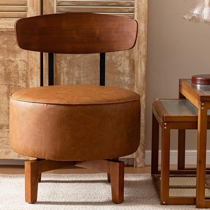 Swivel Accent Chair Living Room Chair with Back, upholstered Wood mid Century Modern Chair for Bedroom Office, Faux Leather Cognac Brown