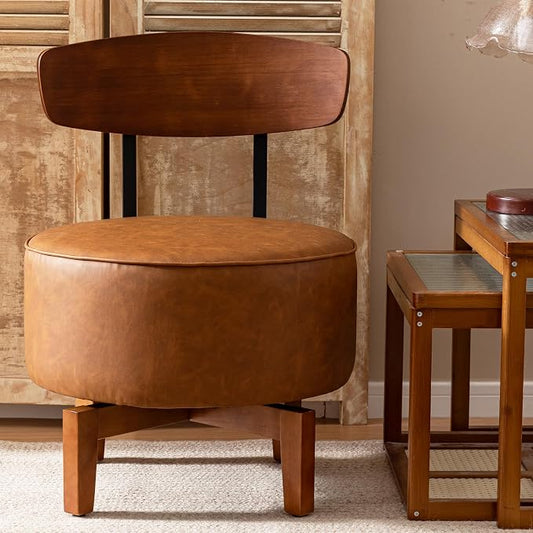 Swivel Accent Chair Living Room Chair with Back, upholstered Wood mid Century Modern Chair for Bedroom Office, Faux Leather Cognac Brown