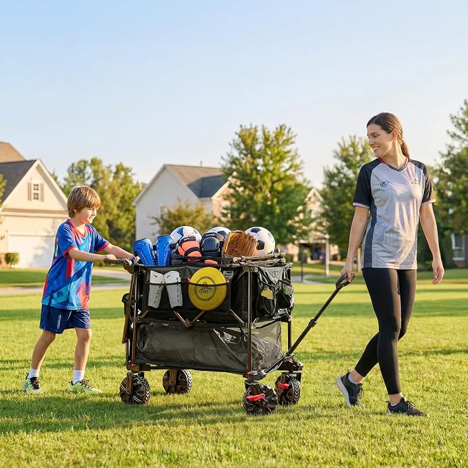 TIMBER RIDGE Push & Pull Double Decker Wagon, 400L Large Capacity Heavy Duty & 450lb Load, Collapsible Cart with All-Terrain Wheels & Brakes, 54” Extended Foldable for Sports, Beach, Camping, Black