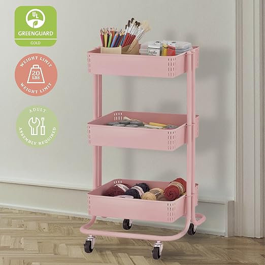 ECR4Kids 3-Tier Metal Rolling Utility Cart, Multipurpose Storage, Pink