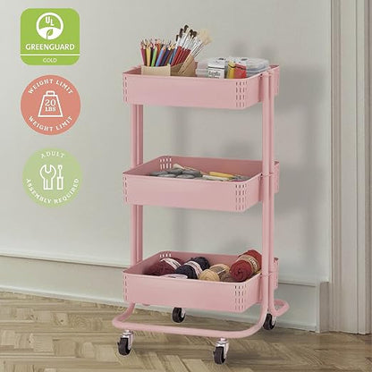 ECR4Kids 3-Tier Metal Rolling Utility Cart, Multipurpose Storage, Pink