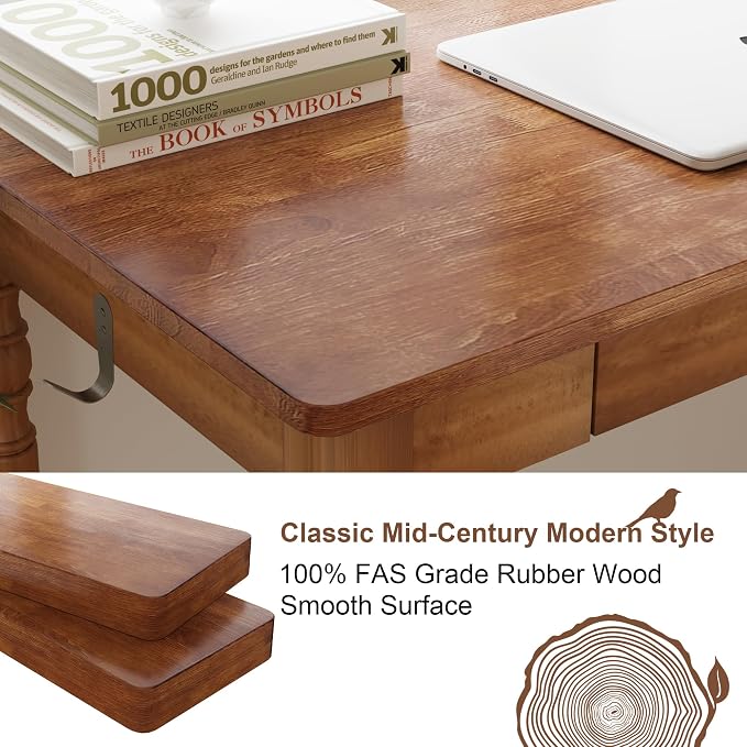 100% Solid Wood Desk with Drawers, 31 x 16 Inch Narrow Mid Century Modern Desk, Vintage Small Wooden Writing Table for Small Spaces Bedroom, Living Room, Office