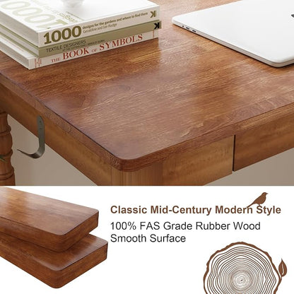 100% Solid Wood Desk with Drawers, 31 x 16 Inch Narrow Mid Century Modern Desk, Vintage Small Wooden Writing Table for Small Spaces Bedroom, Living Room, Office