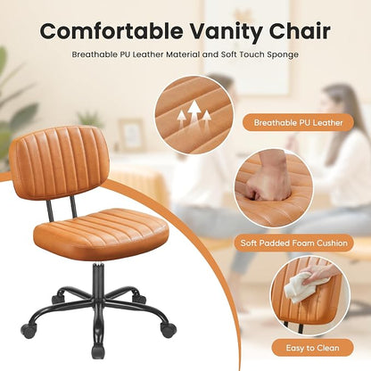 HealSmart Small Office Desk Chair with Wheels, Armless Desk Chair with Lumbar Support, PU Leather Low Back Adjustable Height 360° Rolling Swivel Task Chair Without Arm for Home, Bedroom,Office, Brown