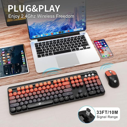 Orange Retro Wireless Keyboard and Mouse Combo, Round Key Typewriter Style Keyboard, 2.4Ghz Full Size Aesthetic Bubble Keyboard with Number Pad for PC Laptop Desktop