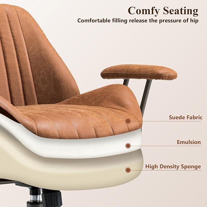 Mid Century Modren Office Chair - Fuax Leather Suede Brown Executive Chairs Ergonomic Mid Back with Lumbar Support, Swivel Computer Desk Task Chair with Wheels for Home Office (Brown, Mid Back)