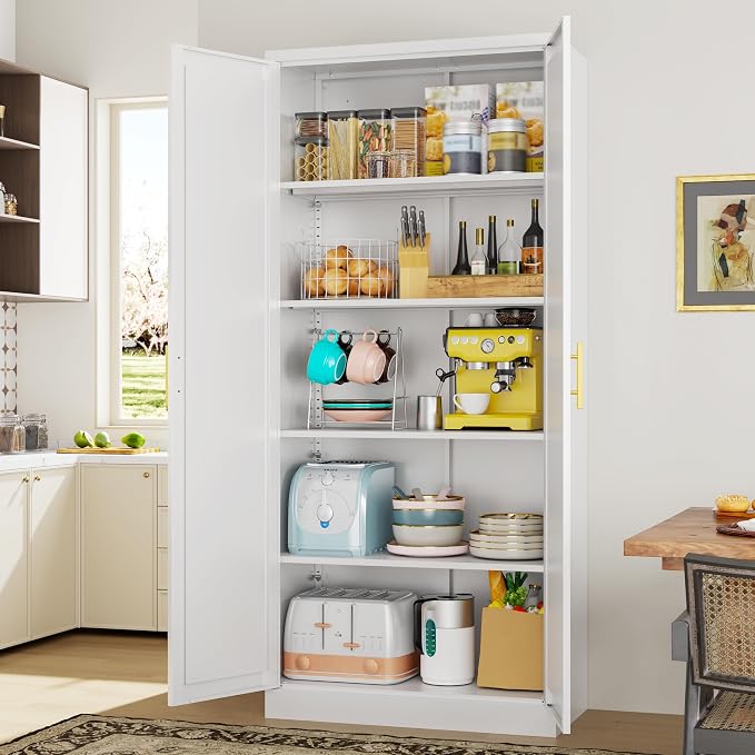 71" H Kitchen Storage Cabinet with 4 Adjustable Shelves, Metal Pantry Cabinet, Pantry Organizers and Storage Cabinet for Kitchen, Bathroom, Living Room (White)