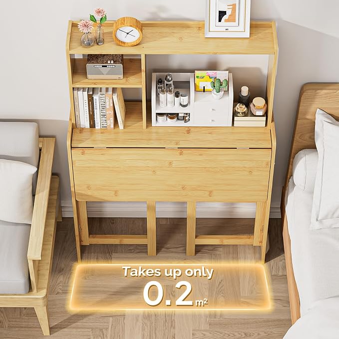 Bamboo Folding Desk with Bookshelf, Compact Computer Desk with Hutch for Small Spaces, Foldable Desk with Storage Shelf, Space-Saving Home Office Desk for Bedroom, Dorm, Apartment,Natural