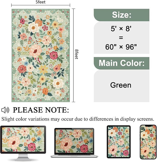 DUKINO 5x8 Area Rug for Living Room, Washable Lightweight Non Slip Floral Bedroom Rug with Non Shedding Design, Soft Low Pile Large Indoor Carpet for Dining Room, Kids Playroom, Nursery, Office, Green