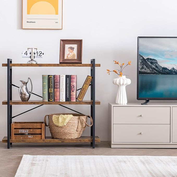 HCHQHS 3-Tier Industrial Bookshelf, 35" W x 12" D x 35" H | 1.2" Shelf Thickness, 14.17" Shelf Height, Wood and Metal, Horizontal, Rustic Brown, for Office Living Room Bedroom