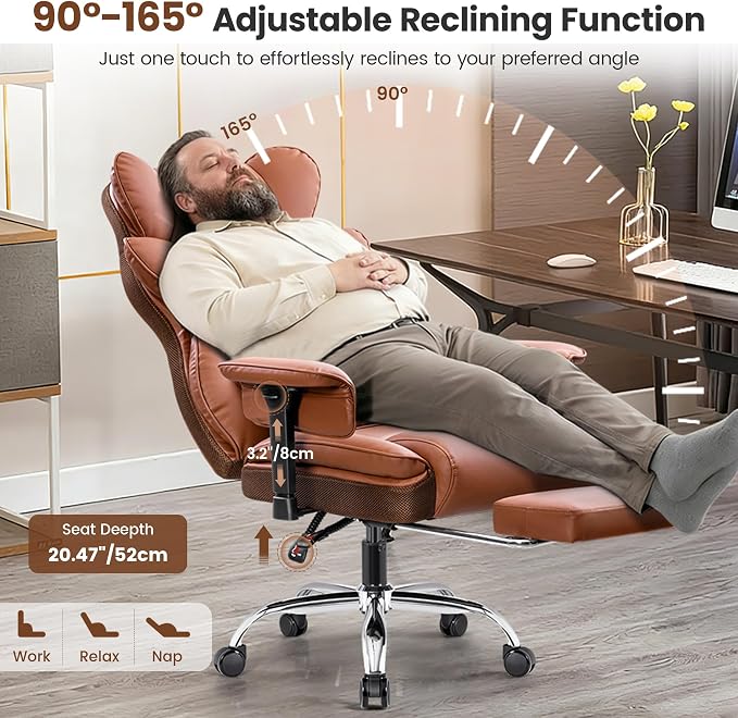 BESTFAIR Big and Tall Office Chair for Heavy People - 400 LBS Capacity Executive Chair with High Back & Footrest, Ergonomic Wide Padded Leather Seat Computer Gaming Chair, Terracotta Brown