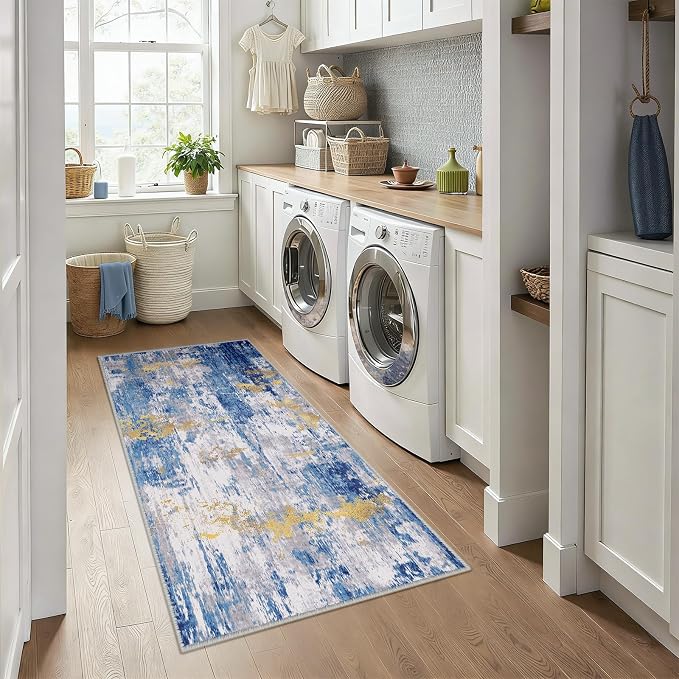RELEANY Washable Area Rugs 3x6 Non-Slip Modern Abstract Soft for Living Room Entryway Bedroom Kitchen, Print Pattern, Grey Blue Gold/Golden