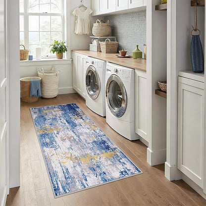 RELEANY Washable Area Rugs 3x6 Non-Slip Modern Abstract Soft for Living Room Entryway Bedroom Kitchen, Print Pattern, Grey Blue Gold/Golden