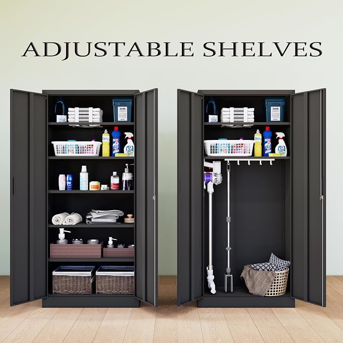 CMY Metal Storage Cabinet, 71" Locking Cabinet with 5 Adjustable Shelves, Large Steel Storage Cabinets for Garage, Home Office, Pantry -Black