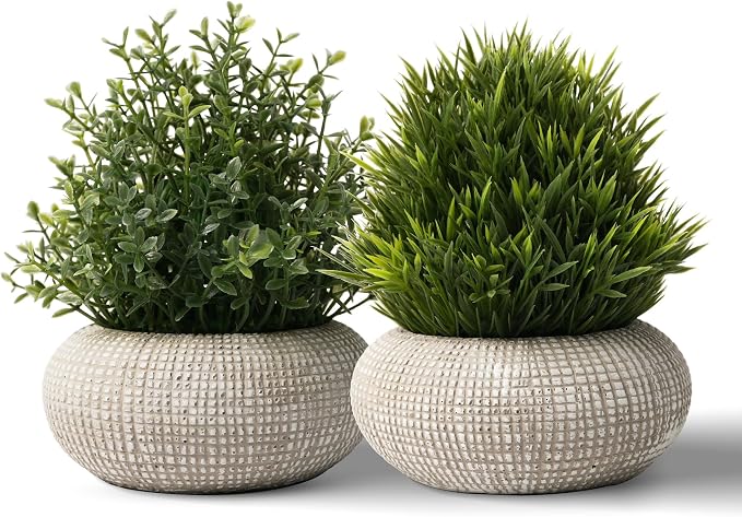 2 Pack Small Fake Plants in Cement Planter for Bathroom Decor, 6.1/5.7 Inch Artificial Plants Indoor, Small Faux Plants Indoor for Home Room Bedroom Farmhouse Kitchen Office Decor - Boxwood