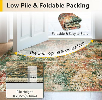 RELEANY Washable Area Rugs 2'x10' Non-Slip Modern Abstract Soft for Living Room Entryway Bedroom Kitchen, Print Pattern, Green Orange Rust Red Cream Colorful