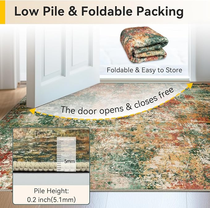RELEANY Washable Area Rugs 2'x8' Non-Slip Modern Abstract Soft for Living Room Entryway Bedroom Kitchen, Print Pattern, Green Orange Rust Red Cream Colorful