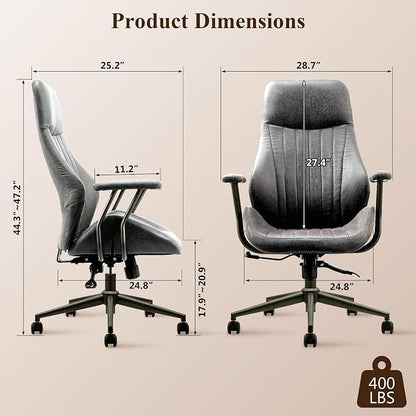 Mid Century Modren Office Chair,High Back Ergonomic Executive Chair with Lumbar Support, Computer Desk Swivel Task Chair with Wheels, Faux Lether Suede Fabric Home Chair (High Back, Grey)