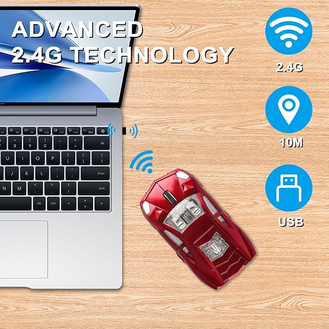 CHUYI Cool Sports Car Shaped Wireless Mouse 1600DPI Cordless Optical Mice with USB Receiver for Office School Home Travel, for PC Laptop Computer Gift (Red-1 Pack)