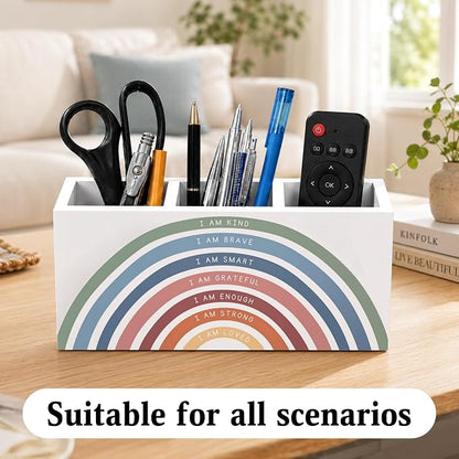 Boho Rainbow Classroom Pen Holder for Desk, I Am Kind Motivational Quotes Wooden Box Sign Desk Decor for Classroom Kids Room Home Office Decoration, Inspirational Pencil Organizer