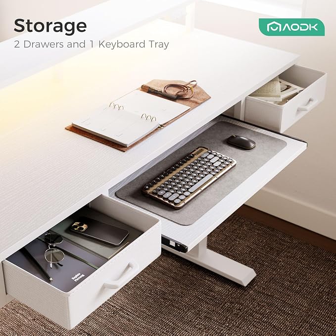 AODK Electric Standing Desk with Drawers & Keyboard Tray, 55 Inch Height Adjustable Gaming Desk with Power Outlets & LED Lights, Sit Stand Table with Monitor Stand for Home, Office, White