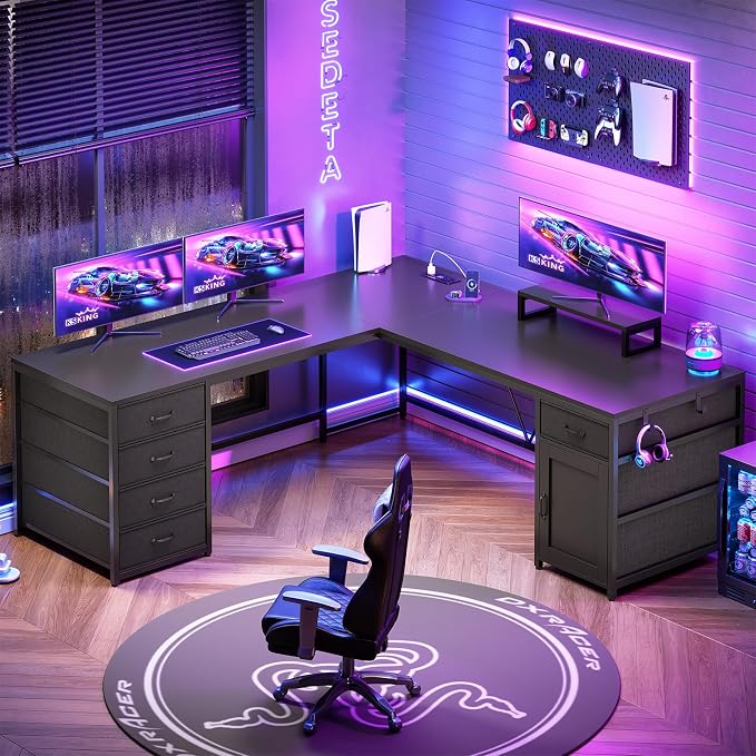 SEDETA L Shaped Desk, 63'' Corner Desk with 5 Drawer & Power Outlet, Larger Home Office Desk or Gaming Desk, L Shaped Corner Desk with Monitor Shelf, Storage Cabinet, Black