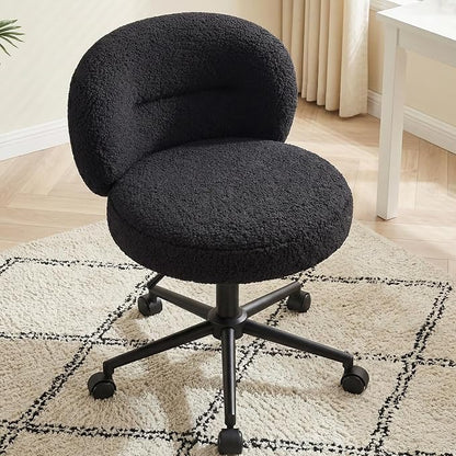 Homkdom Small Round Desk Chair, Armless Vanity Chair with Wheels, Height Adjustable & 360° Swivel, Cute Comfy Vanity Computer Chair for Bedroom, Home Office, Black