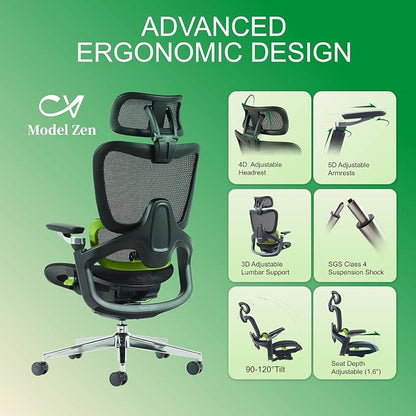 Ergonomic Office Chair, Mesh Home Office Desk Chair with Adaptive Lumbar Support, Gaming Chair with Headrest, 5D Armrest,90-130°Tilt, BIFMA Certified, Model Zen (Green)