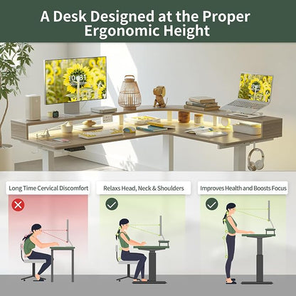 FEZIBO 63"x49" L Shaped Standing Desk with Arc LED & Power Outlet, Electric Height Adjustable L Shaped Desk with Monitor Stand, for Gaming Office, Light Walnut（2 Packages）